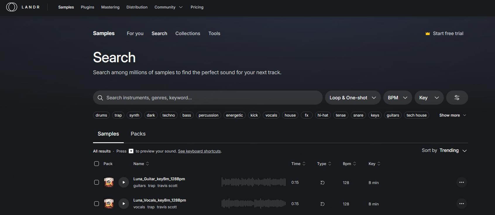 landr samples song sample finder