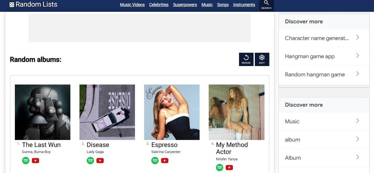 random lists random album generator