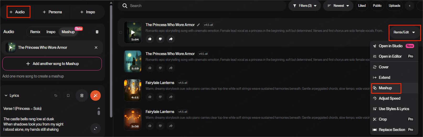 suno ai mashup maker open