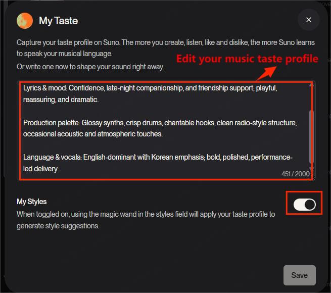 suno v5.5 manage my taste