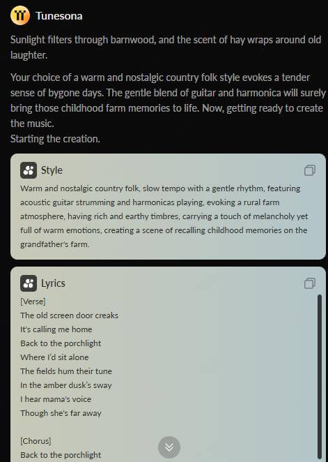 tunesona country song lyrics and style description