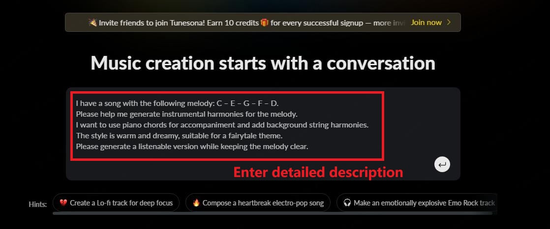 tunesona make instrumental harmony input needs