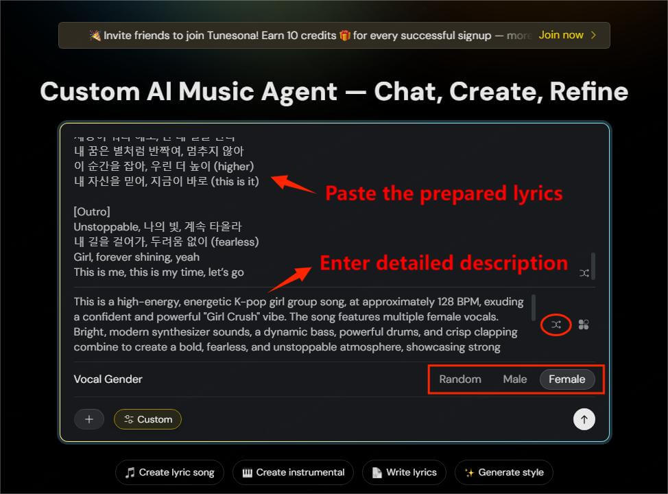 tunesona make a kpop song custom mode