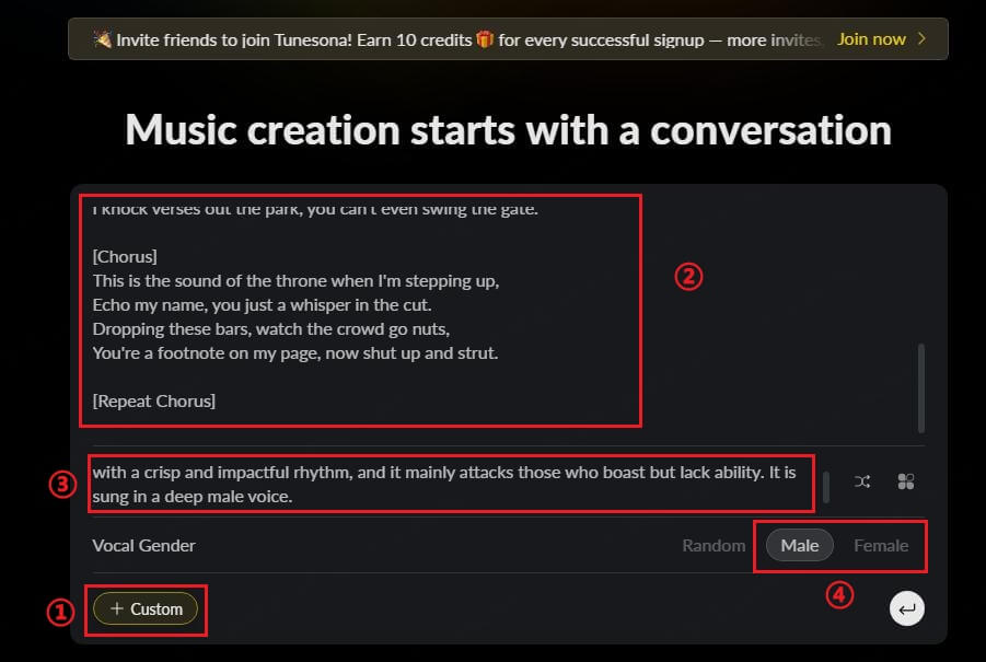 tunesona make diss track input lyrics