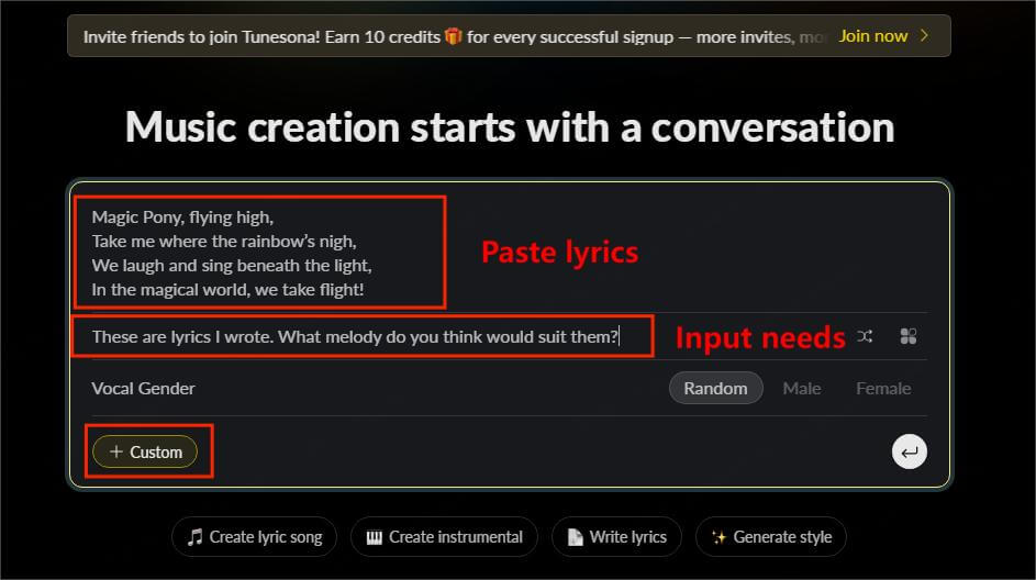 tunesona make melody input needs