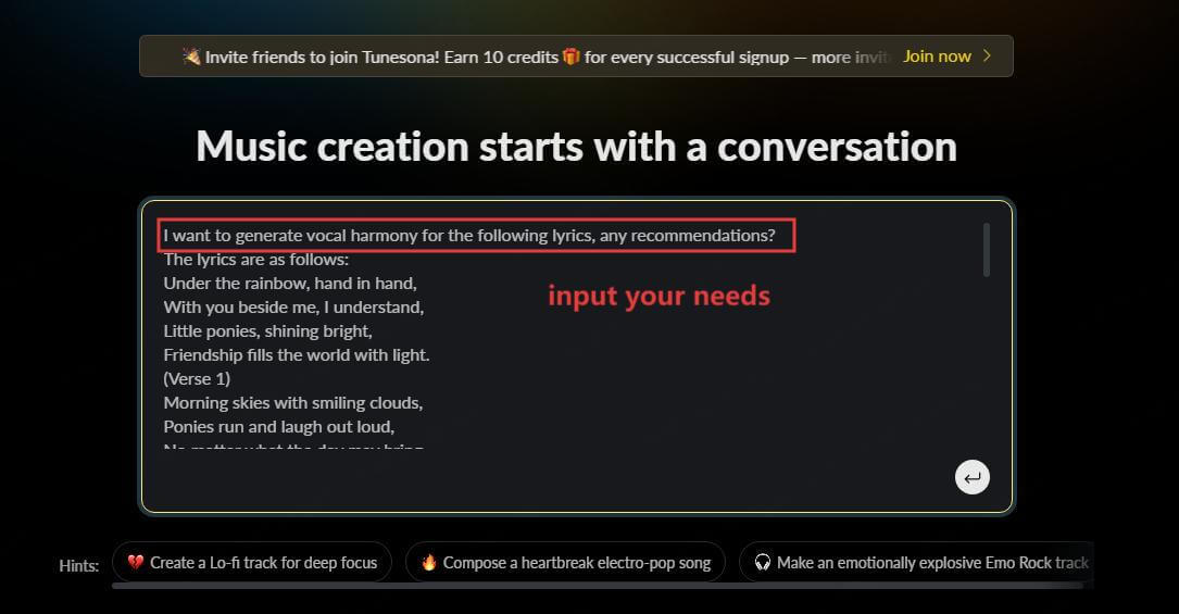 tunesona make vocal harmony input needs