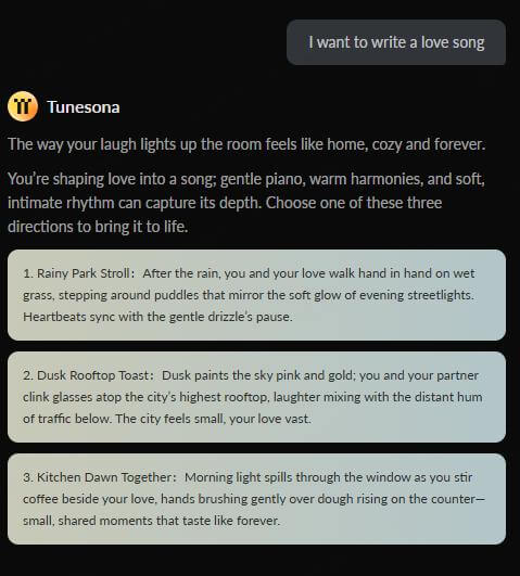 tunesona write a love song input thought