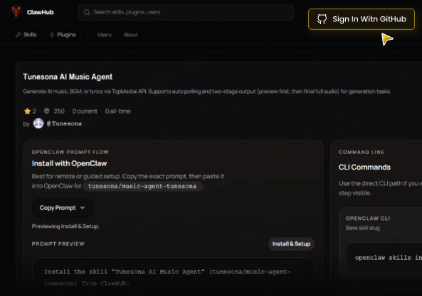 Tunesona Skill on Openclaw placeholder preview